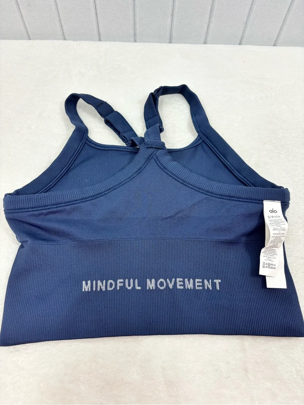 ALO Yoga Seamless Ribbed Navy Blue Sports Bra Tank Strappy Detail size S